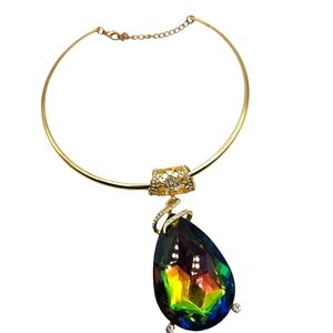 Gold Tone Large Oil Spill Teardrop Pendant Choker Necklace